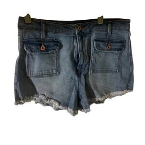 Denim Cutoff Shorts Frayed Hem Flap Pocket
